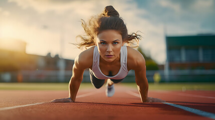 Une femme en train de se préparer à faire un sprint depuis une piste de course. 