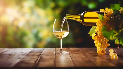 Fotobehang Une composition avec une bouteille de vin en train de remplir un verre sur une table en bois. À côté, des grappes de raisin.  © Gautierbzh