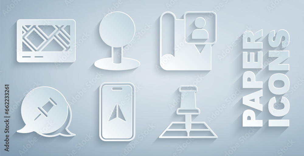 Poster set city map navigation, folded with location marker, push pin, and gps device icon. vector