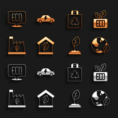 Set Eco friendly house, Leaf symbol, Earth globe and leaf, Sprout, Plant recycling garbage, Shopping with recycle, and Electric car icon. Vector