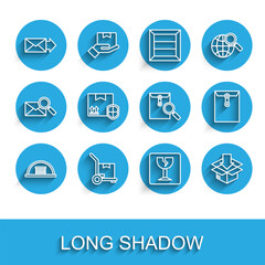 Set line Hangar, Hand truck and boxes, Envelope, Fragile broken glass, Cardboard with traffic symbol, Delivery pack security shield, and magnifying icon. Vector