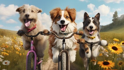 Funny dogs riding old bikes in summer