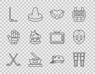 Set line Ice hockey sticks, Crutch or crutches, Protective sport jockstrap, cup champion, and puck, Skates, resurfacer and Hockey mask icon. Vector