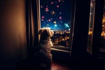 Dog looking out of a window to a nightly sky