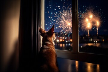 Dog looking out of the window watching fireworks - obrazy, fototapety, plakaty