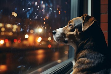 Dog looking out of a window to a nightly sky