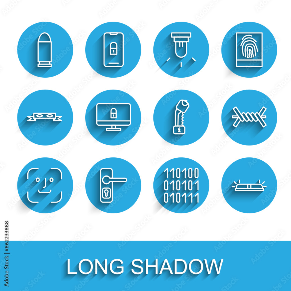 Poster set line face recognition, door handle, bullet, binary code, flasher siren, lock computer monitor, b