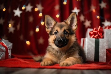 German shepherd puppy dog on christmas lying between presents