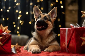 German shepherd puppy dog on christmas lying between presents