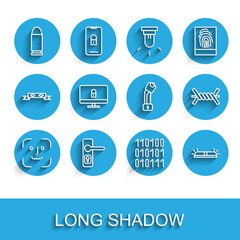 Set line Face recognition, Door handle, Bullet, Binary code, Flasher siren, Lock computer monitor, Barbed wire and Police electric shocker icon. Vector