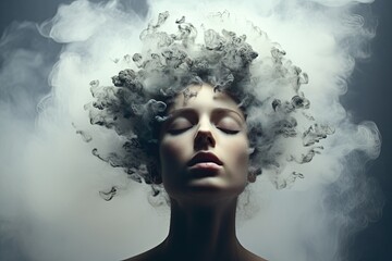 Fototapeta premium Depression and mental health concept. A woman with closed eyes has her head covered in clouds.