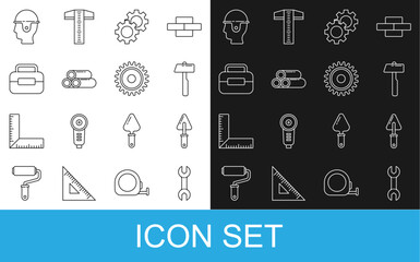 Set line Wrench spanner, Trowel, Hammer, Gear, Industry metallic pipe, Toolbox, Worker safety helmet and Circular saw blade icon. Vector
