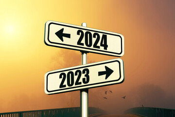 Road signs indicate the path to the new year 2024 and the old year 2023 on a blue sky with fog and...