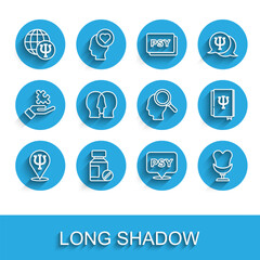 Set line Psychology, Psi, Sedative pills, Armchair, Bipolar disorder, book, and Finding problem icon. Vector