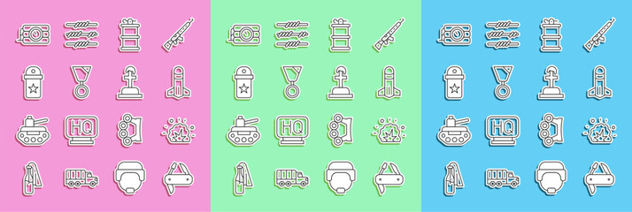 Set line Swiss army knife, Bomb explosion, Rocket, Hand smoke grenade, Military reward medal, Chevron, Dynamite timer clock and Soldier grave icon. Vector