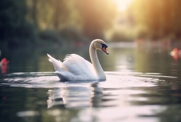 white swan swimming over river with blurred background. generative ai
