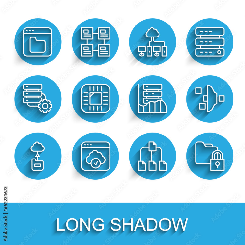 Poster set line cloud technology data transfer, browser files, folder tree, and lock, processor with cpu, f