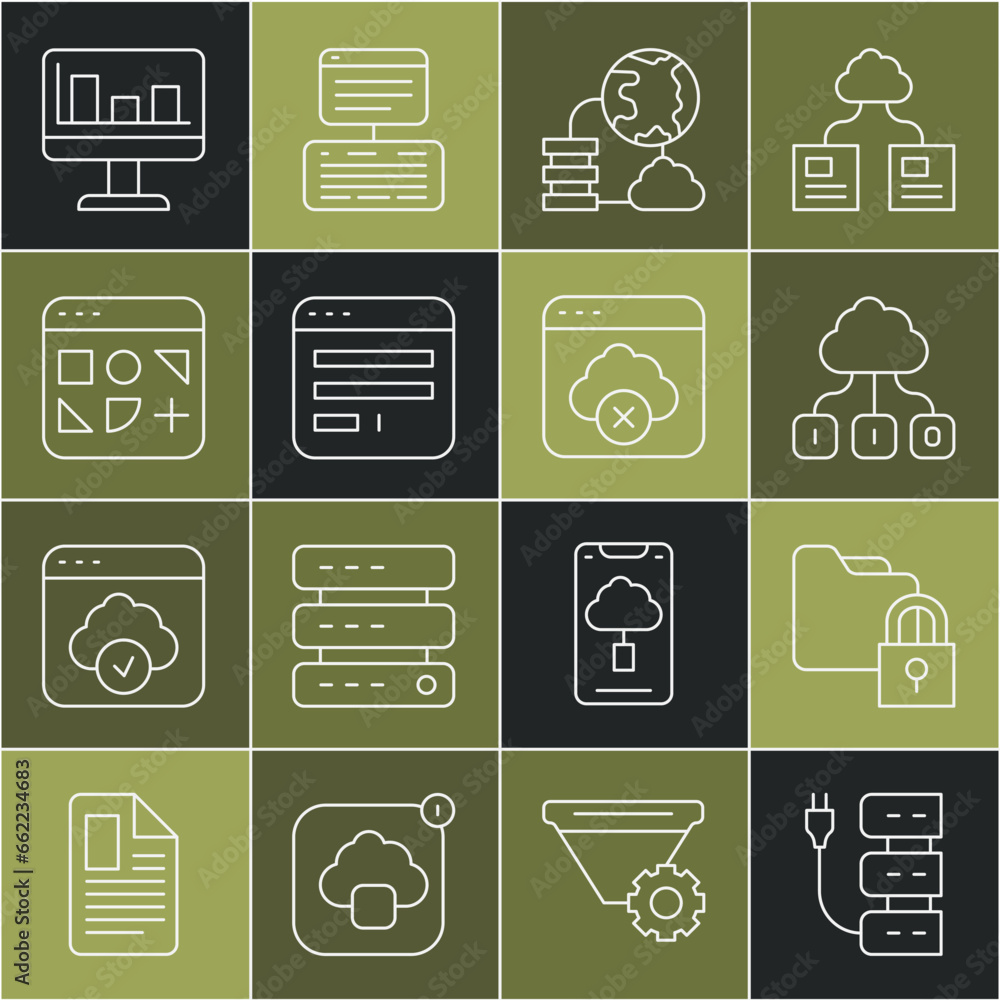 Poster set line server, folder and lock, cloud technology data transfer, network cloud connection, browser 