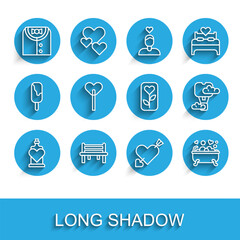 Set line Bottle with love potion, Romantic bench, Suit, Amour heart and arrow, in bathroom, Lollipop, hot air balloon and Flower rose icon. Vector