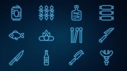 Set line Sausage on the fork, Knife, Cutting board, Campfire, Fish, Soda can, Matches and Grilled shish kebab icon. Vector
