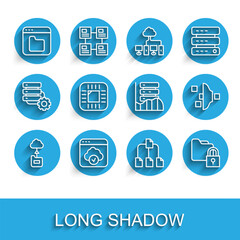 Set line Cloud technology data transfer, Browser files, Folder tree, and lock, Processor with CPU, Filter setting and Server, Data, Web Hosting icon. Vector