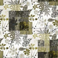 Seamless patchwork tropical floral pattern. Grey, mustard pattern on a white background.