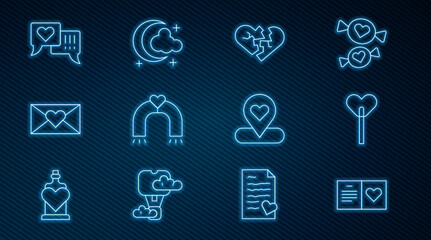 Set line Valentines day party flyer, Lollipop, Broken heart or divorce, Love magnet, Envelope with, Heart speech bubble, Location and Moon and stars icon. Vector