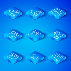 Set line Server, Filter setting, Cloud hacking, Network cloud connection, technology data transfer, and Hierarchy organogram chart icon. Vector