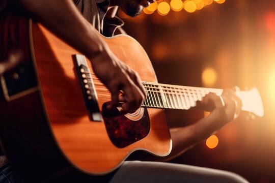 Musician Strumming - Guitarist against a rustic backdrop, playing an acoustic guitar - Soulful melodies - AI Generated