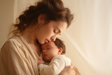 Fototapeta na wymiar Mother Soothing - Woman against a beige backdrop, calming a crying baby - Maternal instincts - AI Generated