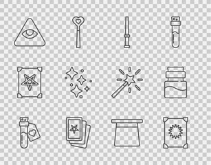 Set line Bottle with love potion, Ancient magic book, Magic wand, Three tarot cards, Masons, Sparkle stars, hat and icon. Vector
