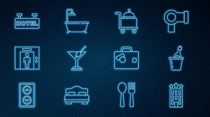 Set line Hotel building, Champagne an ice bucket, Covered with tray, Martini glass, Lift, Signboard text, Suitcase and Bathtub shower icon. Vector