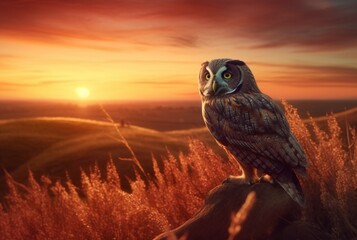 owl on the hill with the beauty of the sunset in the afternoon. generative ai