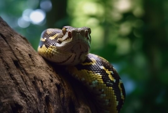 closeup of python on tree with blurred background. generative ai