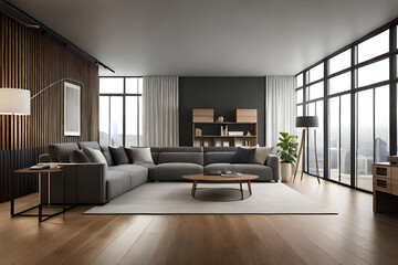 Naklejka na ściany i meble Luxurious and minimalist wooden living room