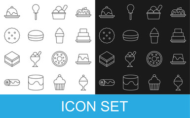 Set line Ice cream in bowl, Pudding custard, Cake, Macaron cookie, Cookie or biscuit, and waffle cone icon. Vector