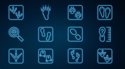 Set line Goose paw footprint, Square measure size, Paw, Human footprints shoes, search, Dove, and Bear icon. Vector