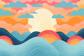 Sunrises on the beach quirky doodle pattern, wallpaper, background, cartoon, vector, whimsical Illustration