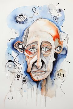 Cartoon style confused elderly alzheimer patient concept art illustration