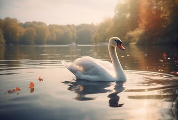 white swan swimming over river with blurred background. generative ai