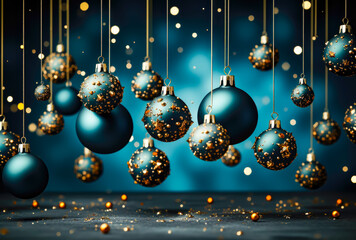 Fototapeta na wymiar christmas balls hanging, blue and golden style, christmas, copy space,