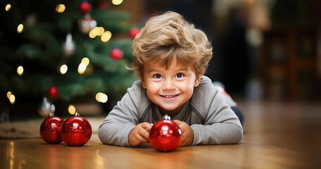 Fototapeta na wymiar a happy smiling child, on the flooring with christmas balls, christmas tree in background, presents, christmas spirit, santa clauss, familiy, tree,