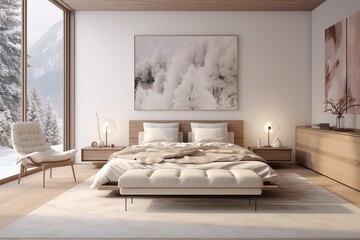 Cozy bright modern bedroom. White interior background