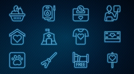Set line Location with heart, Donation and charity, Emergency medical tent, Shelter for homeless, food box, Clothes donation and Blood icon. Vector