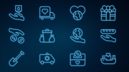 Set line Humanitarian ship, Donation food, The heart world - love, Trash can, and charity, Blood donation, Hand holding Earth globe and Delivery truck with icon. Vector