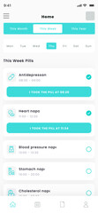 Fototapeta na wymiar Medication, Drug, Tablet Schedule, Medicament and Pill Dose Reminder Mobile App UI Kit Template