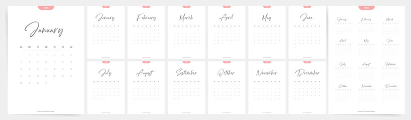 2024 Calendar Template Design. Week Starts on Sunday Office Calendar. Calender in simple clean style. Corporate or Business Calendar. English Vector Vertical Calendar layout. - obrazy, fototapety, plakaty