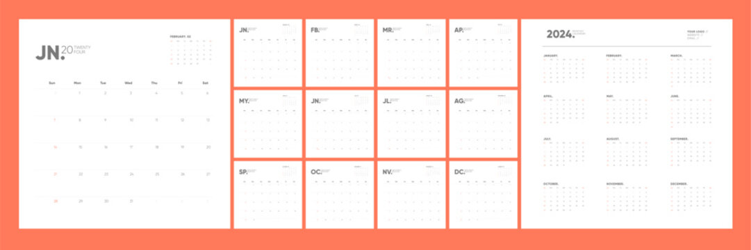 Modern 2024 Monthly Calendar Design Template. Square Monthly Pages. Sunday Start. 