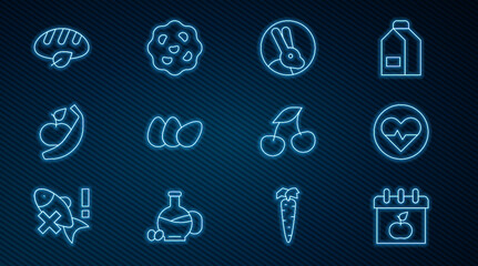 Set line World Vegetarian day, Heart rate, Rabbit, Chicken egg, Apple and banana, Vegan bread loaf, Fresh berries and Cookie biscuit icon. Vector