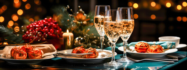 Fototapeta na wymiar christmas table setting with champagne glasses and desserts on blurred background, presents, christmas spirit, santa clauss, familiy, tree,